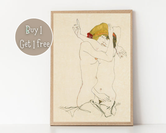 Two women Embracing by Egon Schiele Print Poster | Art deco | Lesbian Print | Lesbian Poster | Home Decor Wall Art | Vintage Famous Art