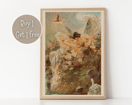 Hans Zatzka Two Lesbian Fairies Art Painting | Vintage Lesbian Art | Lesbian Print | Lesbian Poster | Home Decor Wall Art | Lesbian Art