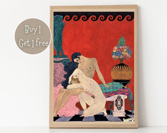 Lesbian Lovers by Georges Barbier Print Poster | Art deco | Lesbian Print | Lesbian Poster | Home Decor Wall Art | Vintage Famous Art