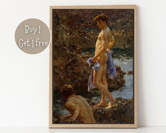 Bathing by Henry Scott Print Poster | Gay Art | Gay Print | Gay Poster | Home Decor Wall Art | Vintage Famous Art | Gay Painting