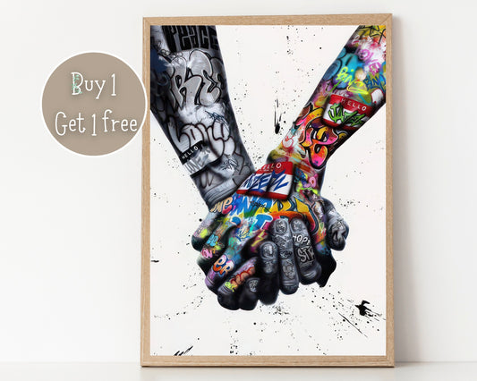 Holding hands graffi by Banksy Print Poster | Gay Art | Gay Print | Gay Poster | Home Decor Wall Art | Vintage Famous Art | Gay Painting